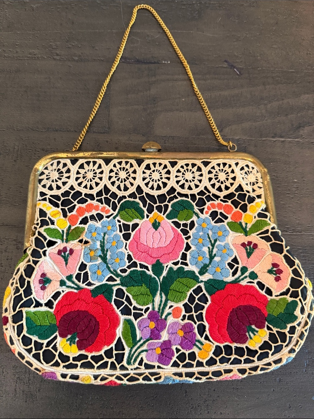 Vintage Multicolor Floral Embroidered Beaded Clutch with Gold Chain